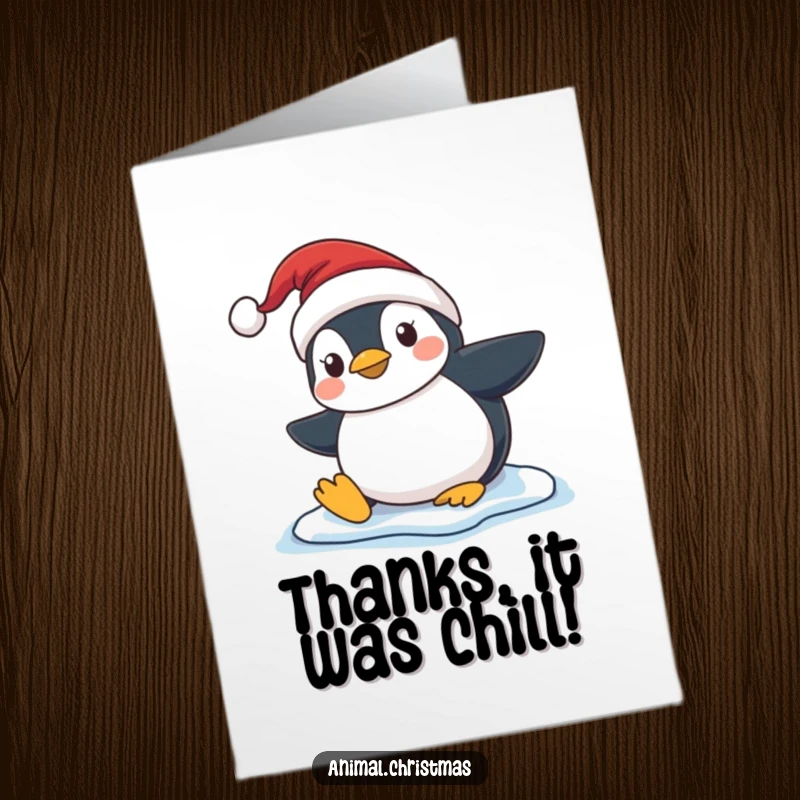 Funny free printable thank you card showing a penguin in a Santa hat performing a comical slip on ice.