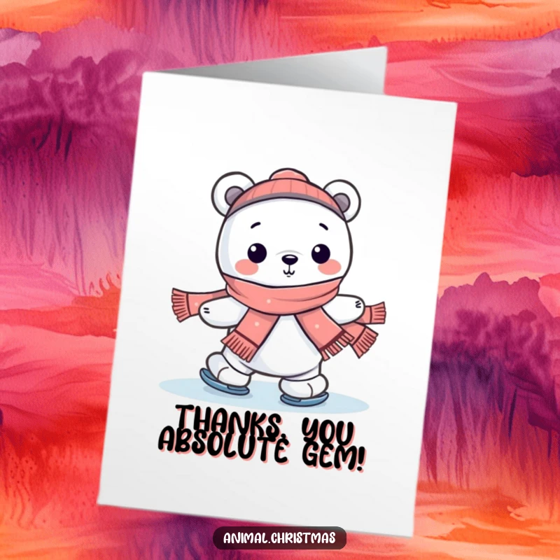 Funny Free Printable Thank You Card: Kawaii polar bear ice skating cheerfully, ideal for a humorous DIY thank you.
