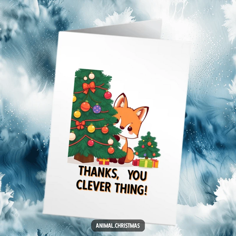Funny Free Printable Thank You Card: Kawaii fox peeking from behind a tree, ideal for a humorous DIY thank you.