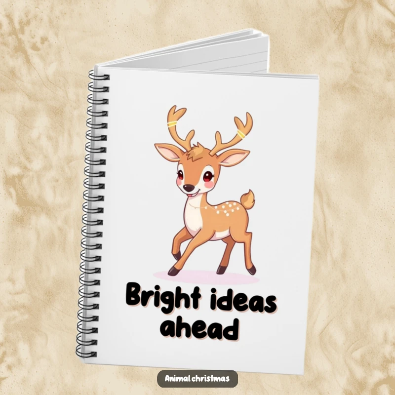 Funny deer Christmas notebook with a happy deer prancing with twinkling lights woven into its antlers, great for jotting down holiday ideas.