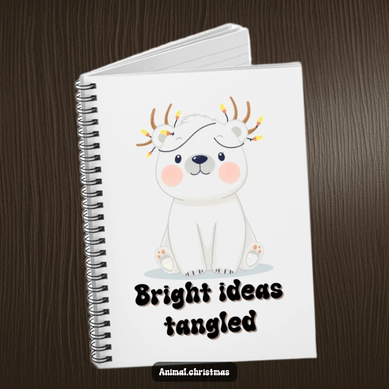 Funny notebook featuring a polar bear humorously tangled in twinkling Christmas lights, perfect for jotting down notes.