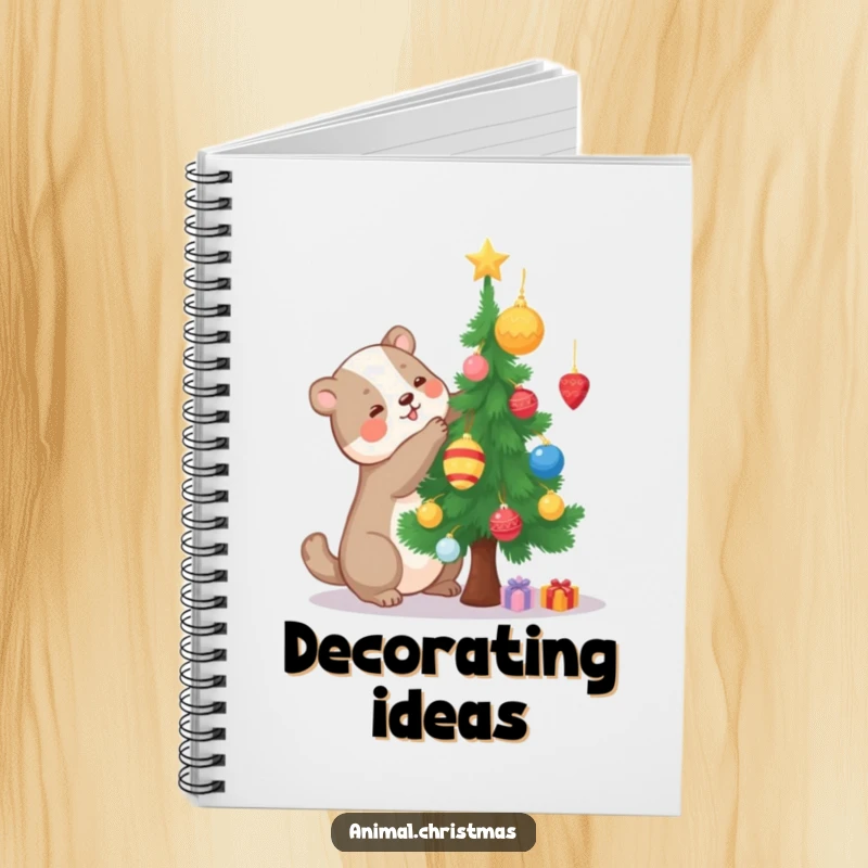 Funny notebook with a happy animal decorating a small Christmas tree, ideal for planning holiday crafts and DIY projects.