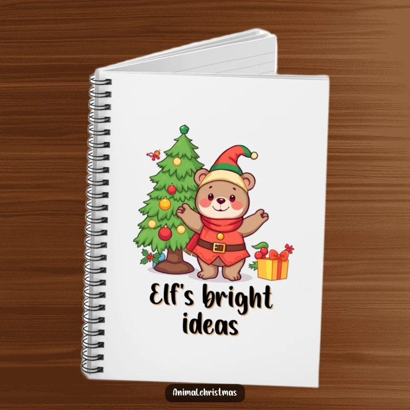 Funny notebook with a cheerful bear dressed as an elf, decorating a Christmas tree, ideal for holiday planning.