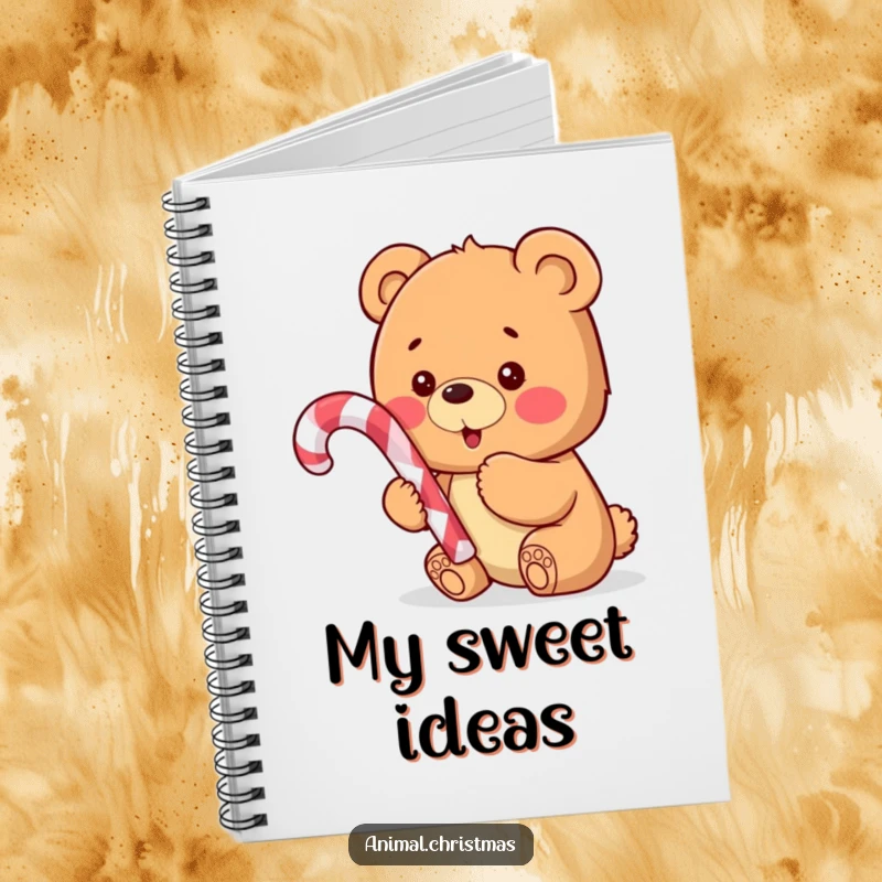 Funny notebook cover with an excited bear cub holding a candy cane, perfect for capturing holiday ideas and doodles.