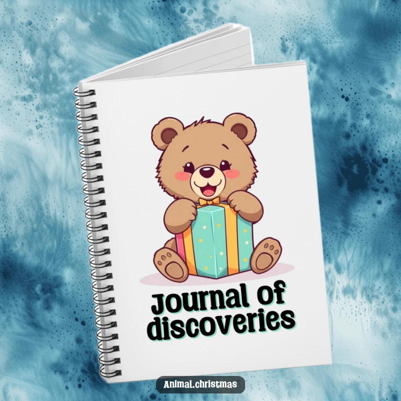 Funny notebook with an excited bear cub unwrapping a colorful gift, perfect for jotting down joyful ideas.