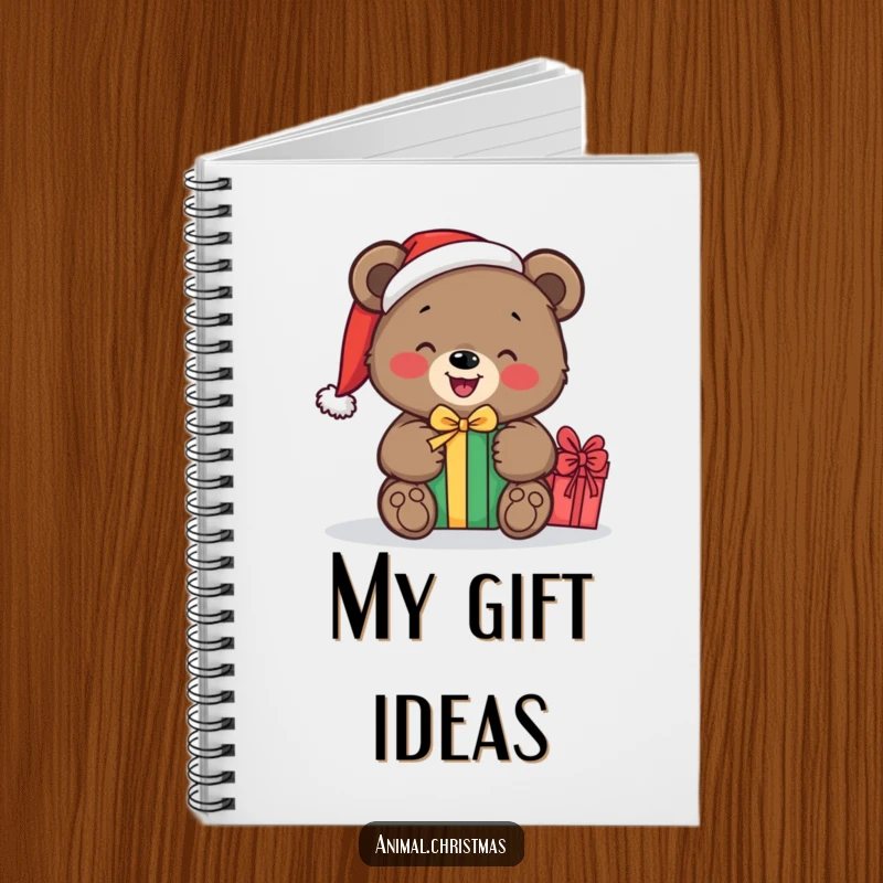 Funny notebook cover showing a bear with a Santa hat happily unwrapping a gift, ideal for festive journaling.