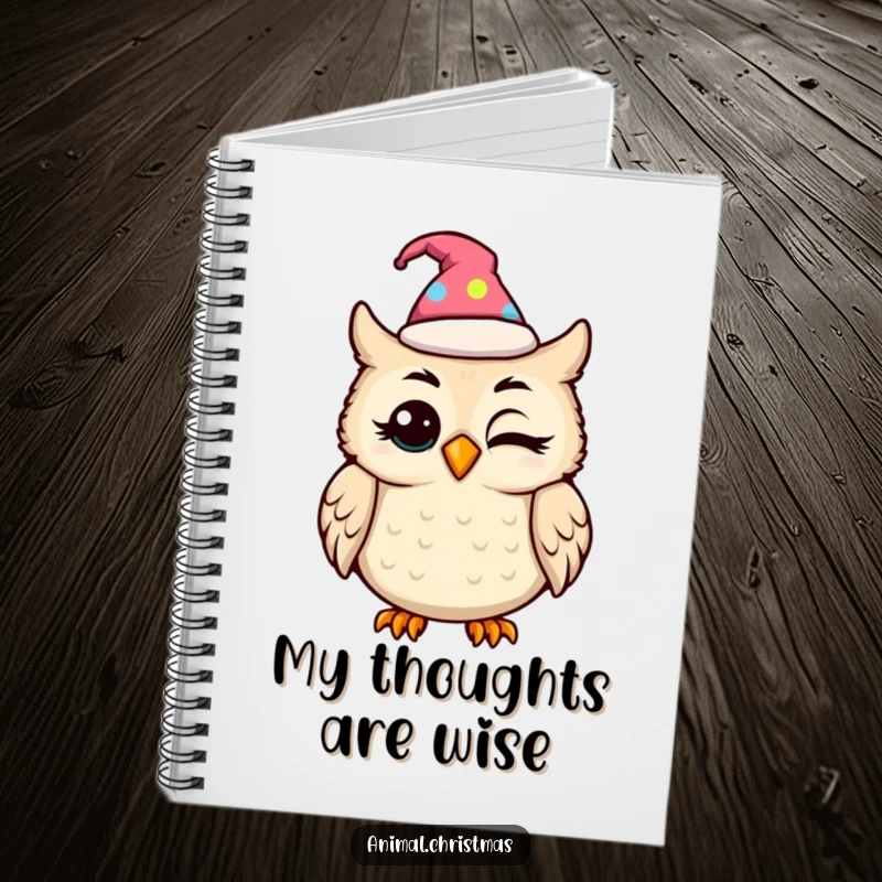 Funny kawaii owl wearing a festive hat, blinking with amusement, inside a funny notebook for writing.