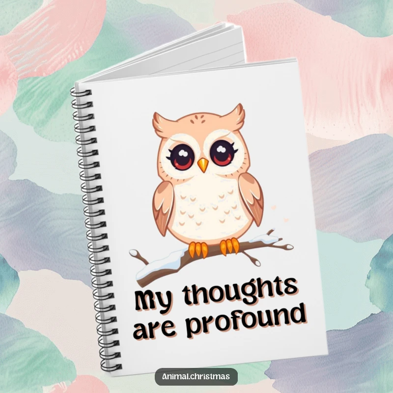 Funny kawaii owl notebook, twinkling eyes, perched on a snowy branch, cute stationery for writing and drawing.