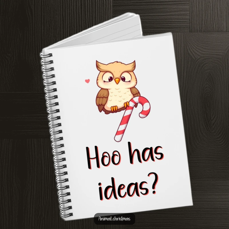 Funny notebook cover features a wise owl perched on a candy cane, hooting merrily, perfect for notes.