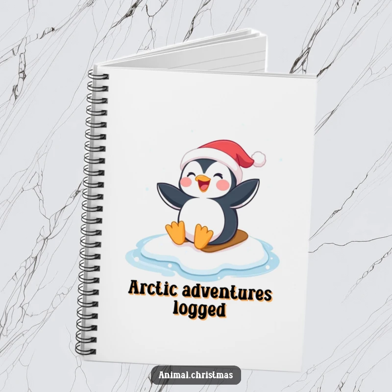 Funny Penguin Santa Notebook: A penguin wearing a Santa hat joyfully sliding on ice, great for festive notes.