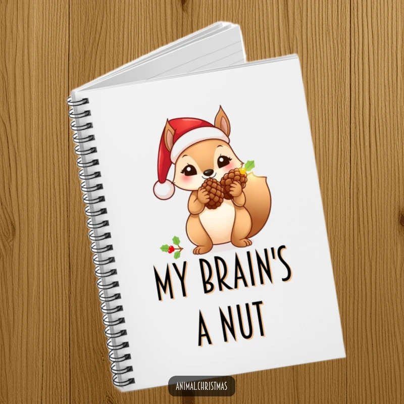 Funny squirrel notebook wearing a Santa hat, holding a glowing pinecone, perfect for writing notes.