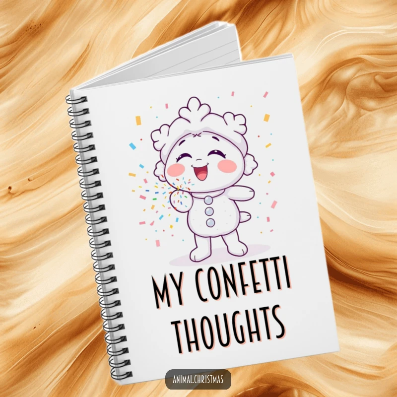Funny notebook featuring a snowflake character gleefully blowing colorful confetti, perfect for jotting down notes.