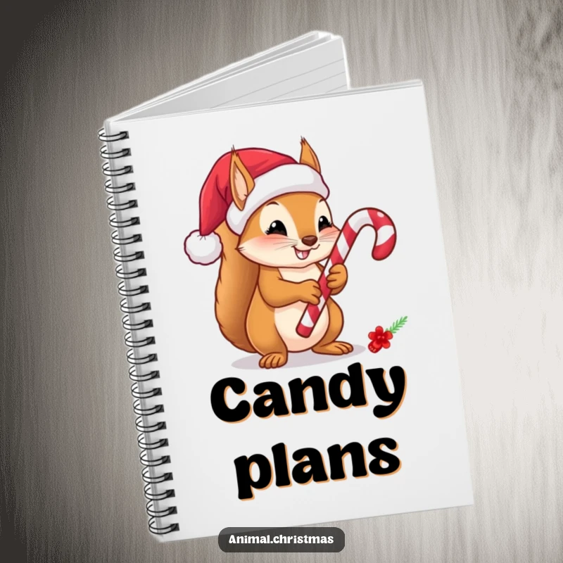 Funny Squirrel Candy Cane Notebook, a cute squirrel in a Santa hat holding a candy cane, perfect for jotting down notes, plans, and holiday wishes with humor.