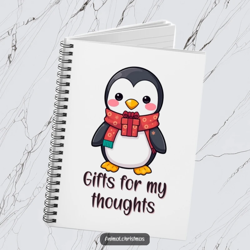 Funny notebook illustrated with a penguin in a festive scarf, holding a gift, perfect for jotting down notes with holiday cheer.