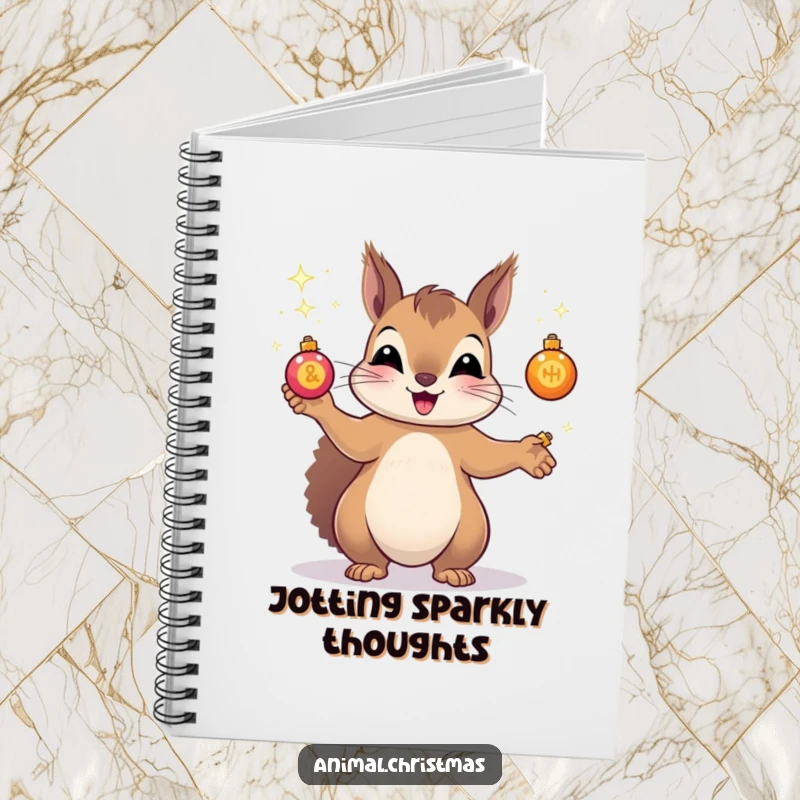 Funny notebook cover showing a squirrel juggling tiny, sparkling Christmas ornaments, ideal for festive journaling and creative writing.