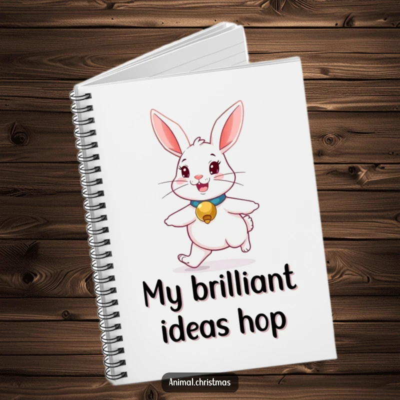 Funny rabbit notebook, a cute bunny with a jingle bell collar, hopping merrily, perfect for writing.