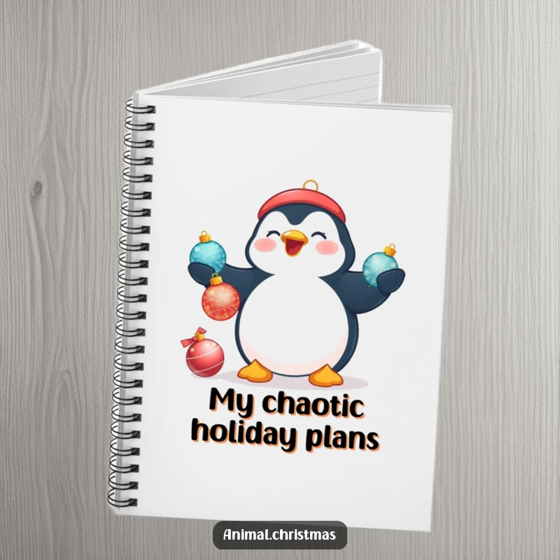 Funny Christmas notebook featuring a plump penguin beaming while attempting to juggle three shimmering Christmas baubles.