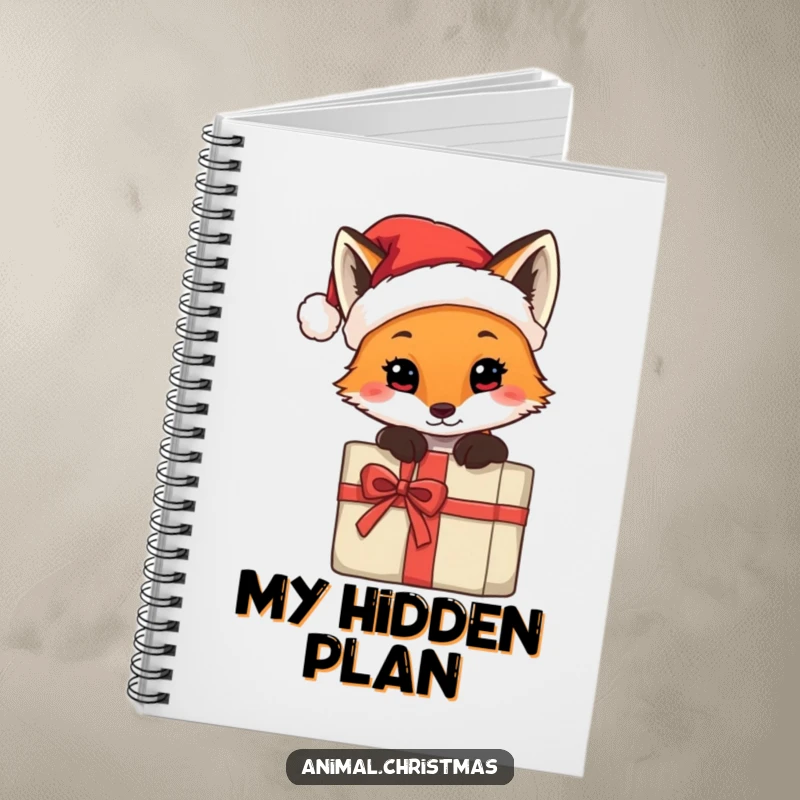 Funny notebook featuring a fox wearing a tiny Santa hat, peeking from behind a gift, perfect for jotting down notes.