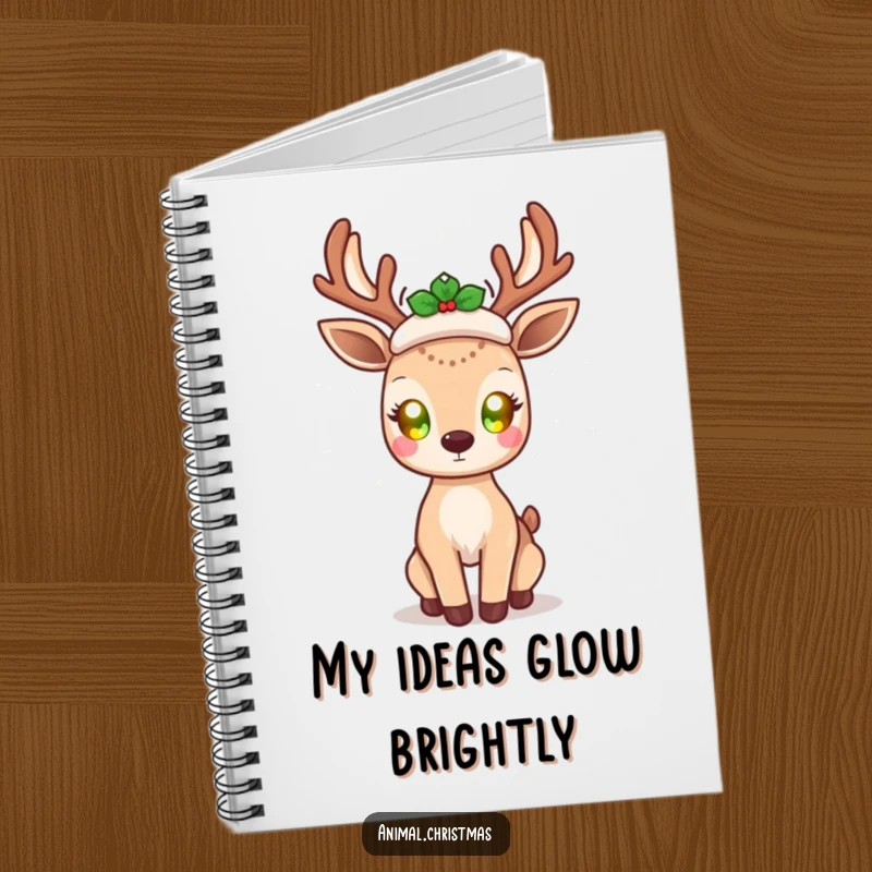 Funny kawaii deer notebook, with glowing eyes, radiating holiday cheer, cute holiday stationery for writing and planning.