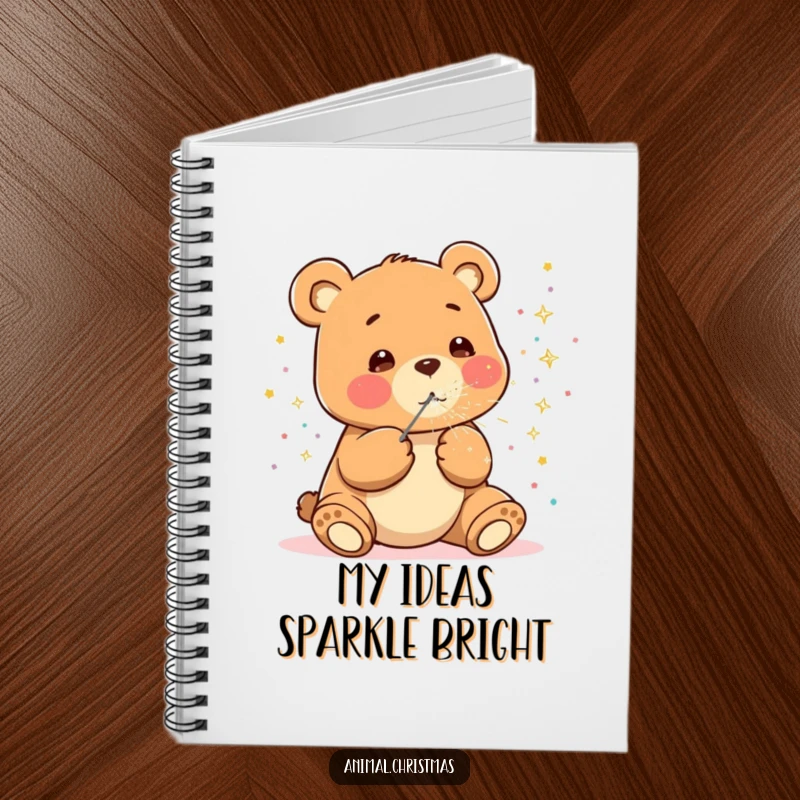 Funny kawaii bear notebook, happily blowing sparkly confetti, cute party stationery for writing and planning.