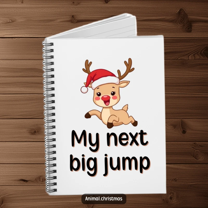Funny notebook with a reindeer in a Santa hat, hilariously leaping, perfect for jotting down notes with holiday cheer.
