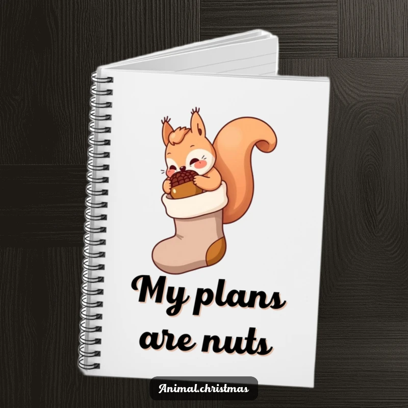 Funny kawaii squirrel notebook, stuffing a giant acorn into a stocking, cute holiday stationery for writing and planning.