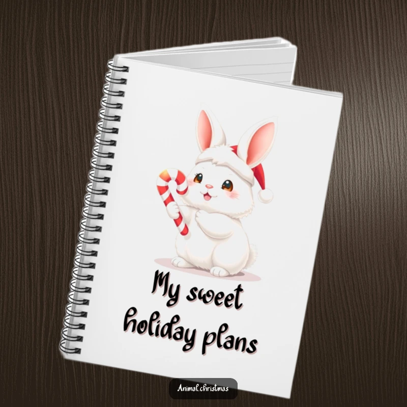Funny Christmas notebook with a fluffy white bunny in a Santa hat holding a glowing candy cane, perfect for jotting down holiday plans.
