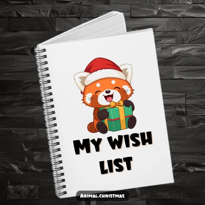Funny red panda Santa notebook with a red panda joyfully unwrapping a gift while wearing a Santa hat, great for jotting down ideas.