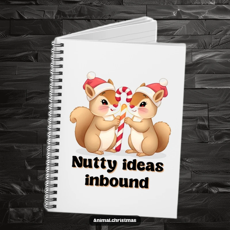 Funny squirrel Christmas notebook with two squirrels in tiny hats sharing a glowing candy cane, great for jotting down ideas.