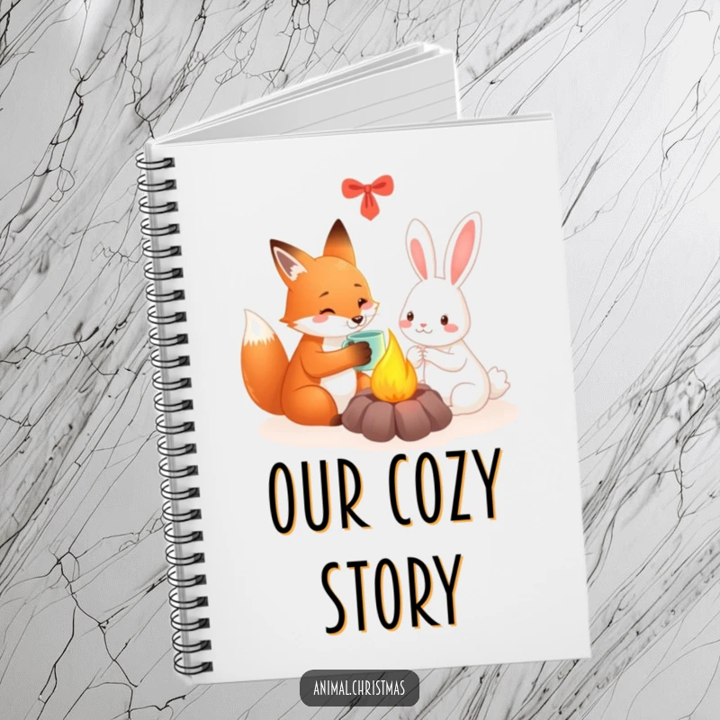 Funny fox and rabbit notebook cover featuring friends sharing a warm mug by a festive fire, perfect for jotting notes.