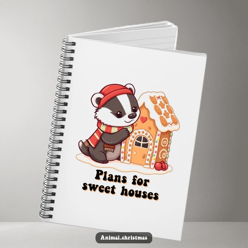 Funny badger baking notebook with a badger in a festive scarf decorating a gingerbread house with icing, great for recipe notes.