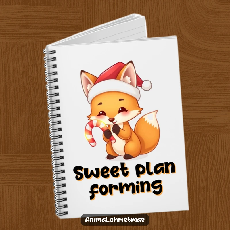 Funny notebook cover showing a fox with a Santa hat holding a glowing candy cane, ideal for festive journaling and creative writing.