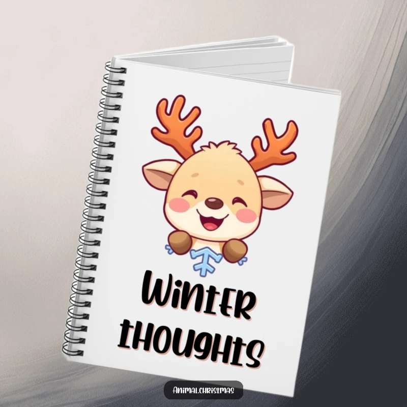 Funny notebook with a cute animal wearing antlers peeking from behind a snowflake, perfect for jotting down holiday thoughts and ideas.