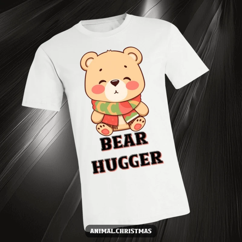 Funny Bear Kiss T-Shirt, a lovable cartoon bear in a festive scarf blowing a kiss, conveying sweet affection and holiday cheer through humorous design.