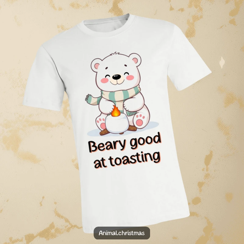 Funny Polar Bear Marshmallow T-Shirt: A polar bear in a festive scarf happily roasting a marshmallow, ideal for cozy vibes.