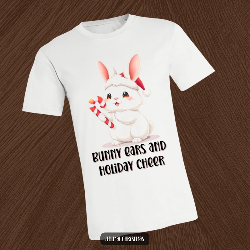Funny Christmas t-shirt featuring a fluffy white bunny wearing a Santa hat and holding a glowing candy cane.