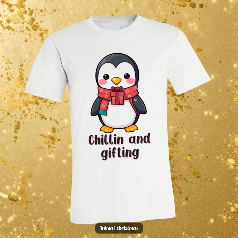 Funny t-shirt of a penguin wearing a festive scarf and holding a decorated gift, embodying holiday spirit and charm.