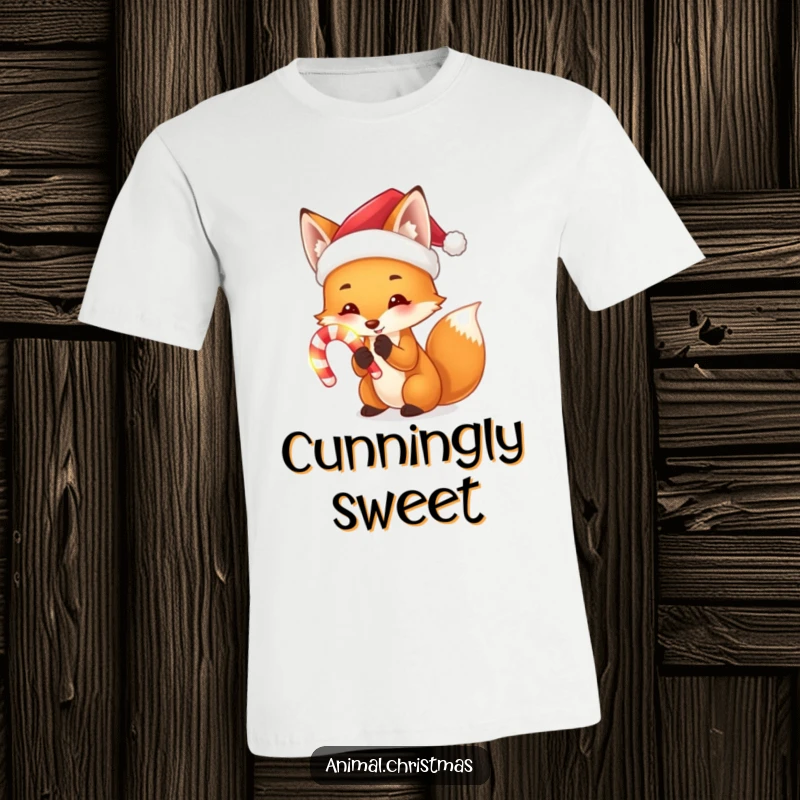 Funny t-shirt featuring a fox in a Santa hat, holding a luminous candy cane, radiating festive charm and sweetness.