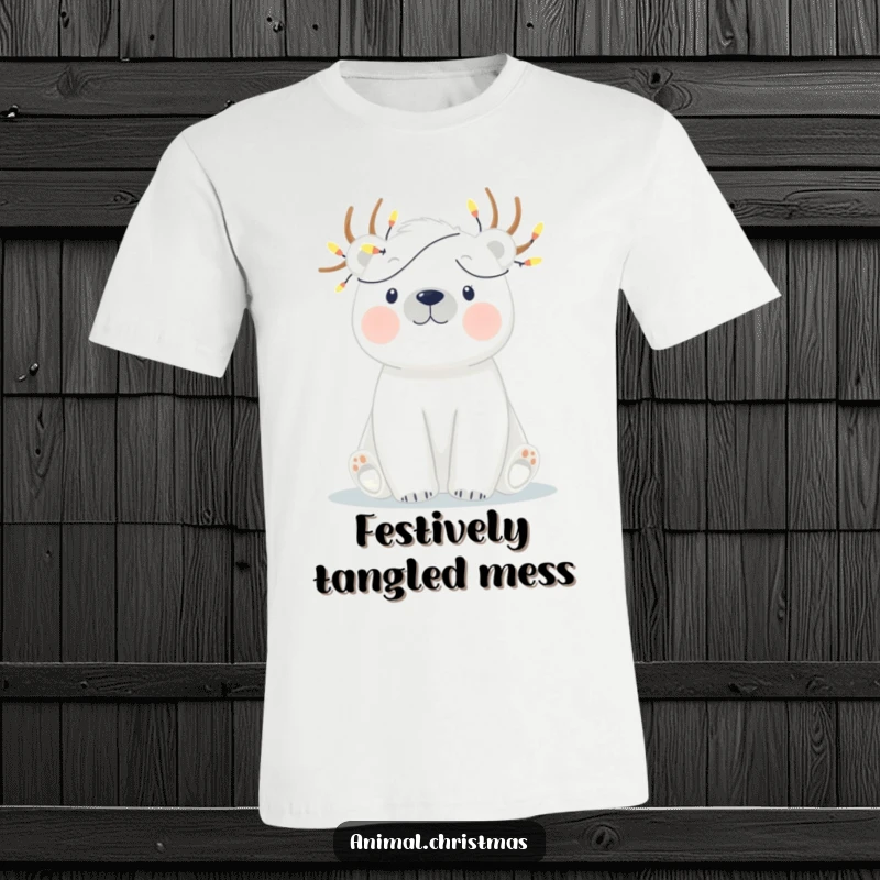 Funny t-shirt depicting a polar bear with twinkling lights tangled amusingly around its antlers, perfect for holiday laughs.
