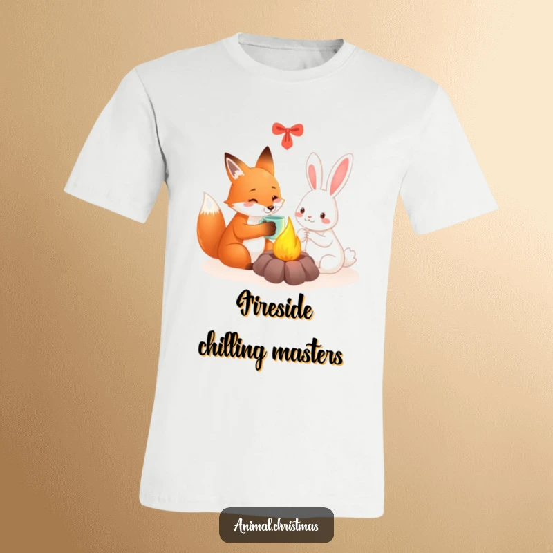 Funny t-shirt showing a fox and a rabbit sharing a warm mug by a festive fire, celebrating camaraderie.