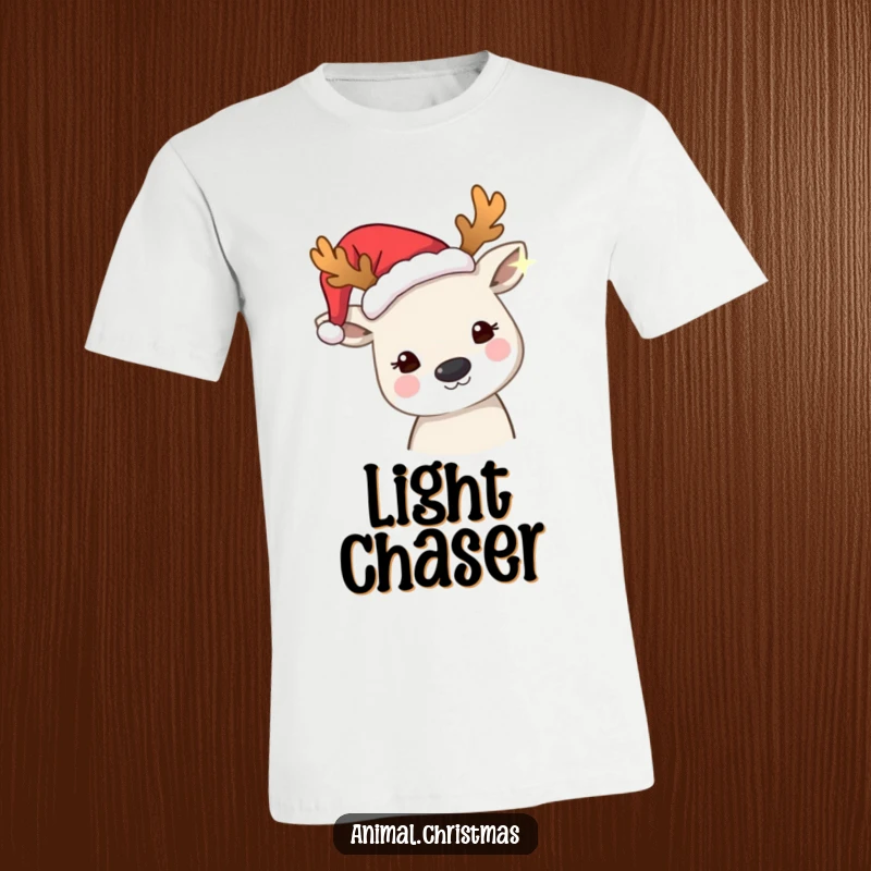 Funny t-shirt with an animal adorned in festive antlers, peering with curiosity at a brightly twinkling, enchanting light.