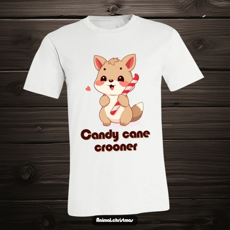 Funny t-shirt of a joyful animal caroling with a candy cane in its paw, exuding holiday spirit and musical enthusiasm.