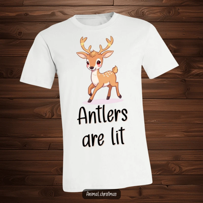 Funny deer Christmas t-shirt with a happy deer prancing with twinkling lights woven into its antlers, a festive woodland design.