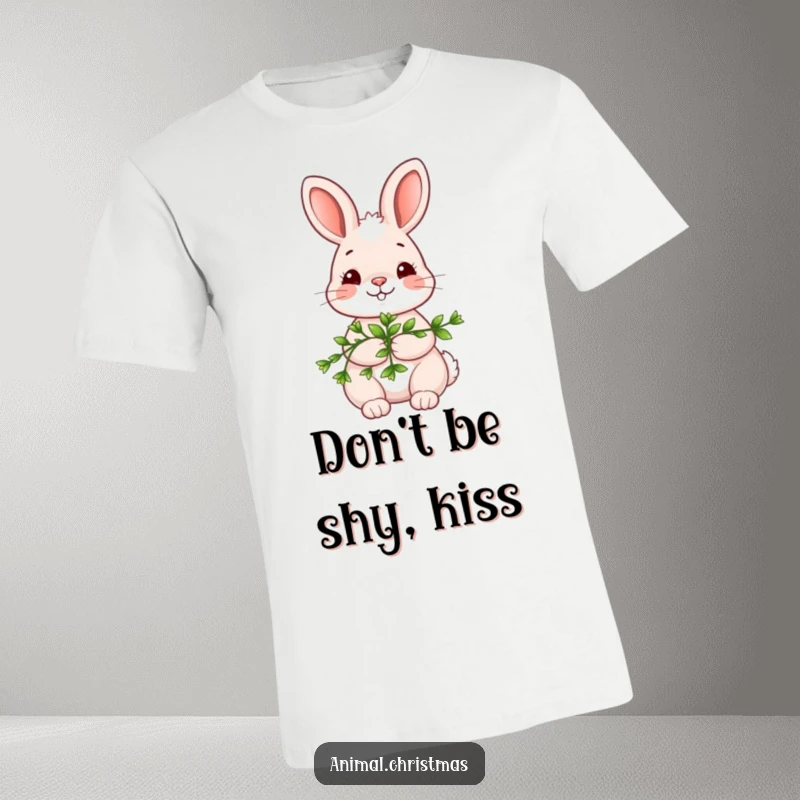 Funny kawaii bunny t-shirt, holding mistletoe with a shy smile, cute holiday apparel, romantic and sweet design.