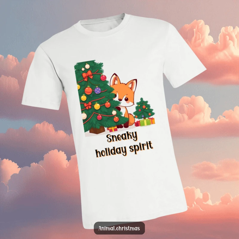 Funny kawaii fox with a curious expression peeking from behind a Christmas tree on a t-shirt.