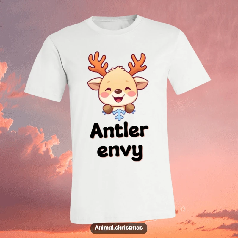 Funny t-shirt with a cute animal wearing antlers, peeking out from behind a snowflake, radiating holiday cheer and playful innocence.