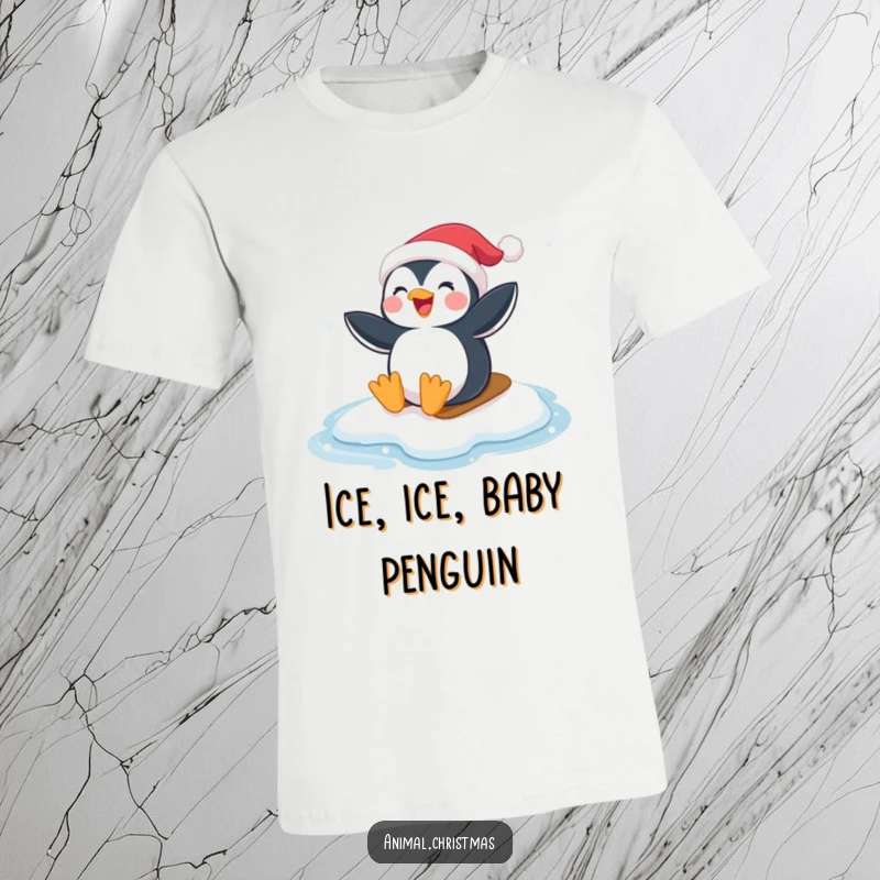 Funny Penguin Santa T-Shirt: A joyful penguin in a Santa hat sliding on ice, perfect for holiday fun.