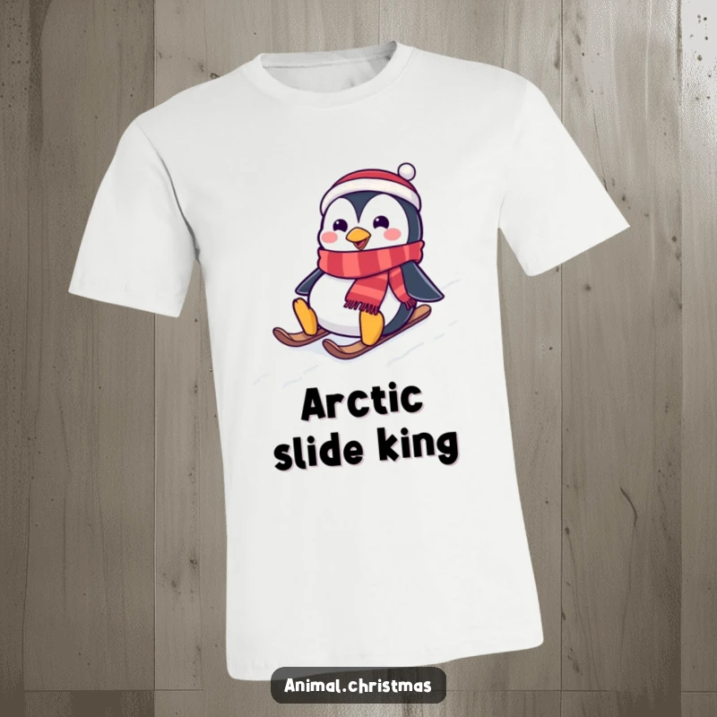 Funny t-shirt featuring a penguin wearing a festive scarf, gleefully sliding down a snowy hill, radiating winter joy and excitement.