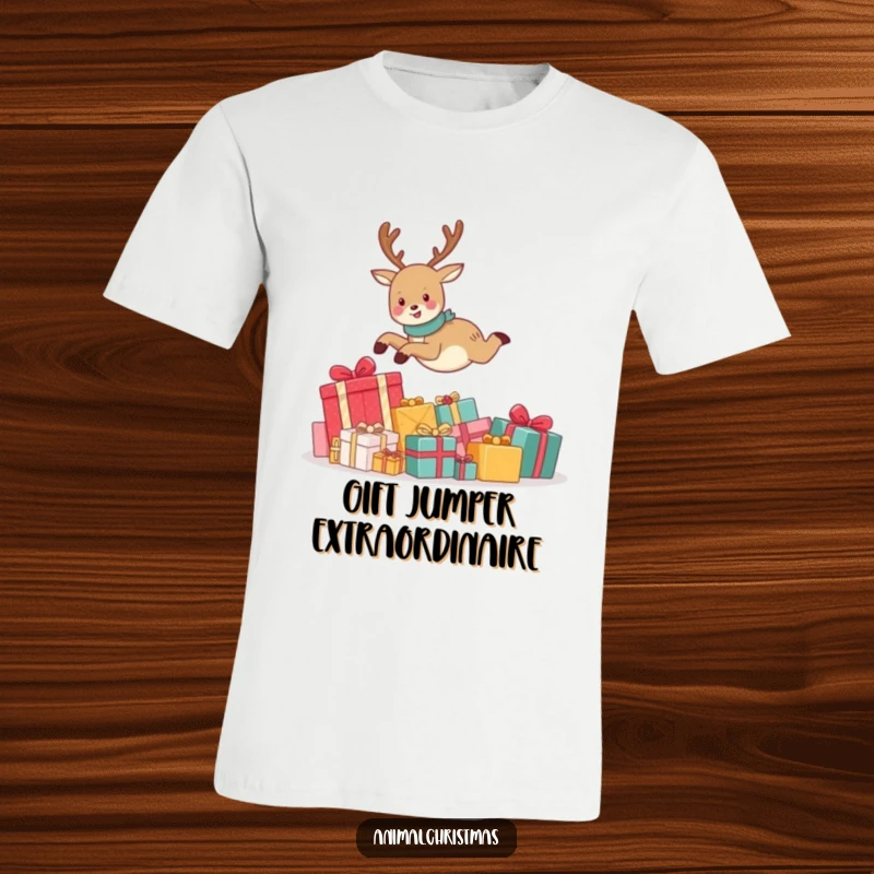 Funny t-shirt showing a cute reindeer mid-leap, joyfully jumping over a massive pile of Christmas presents, embodying holiday excitement and playful energy.