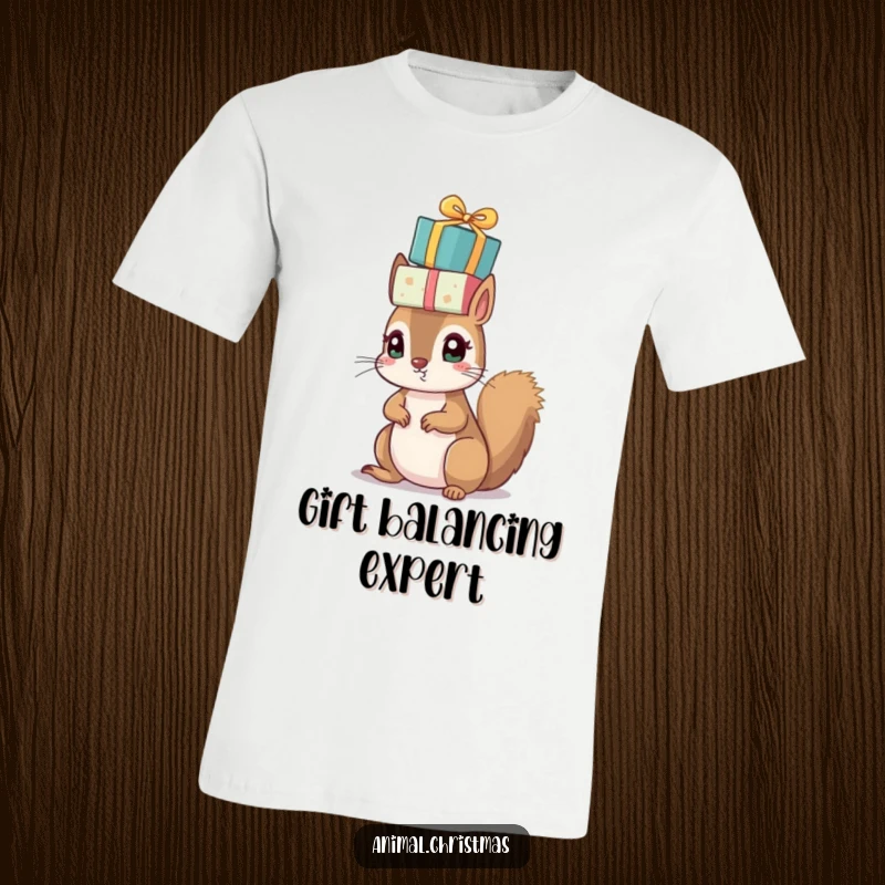 Funny Christmas t-shirt with a small, bright-eyed squirrel hilariously balancing a stack of wrapped gifts on its head.